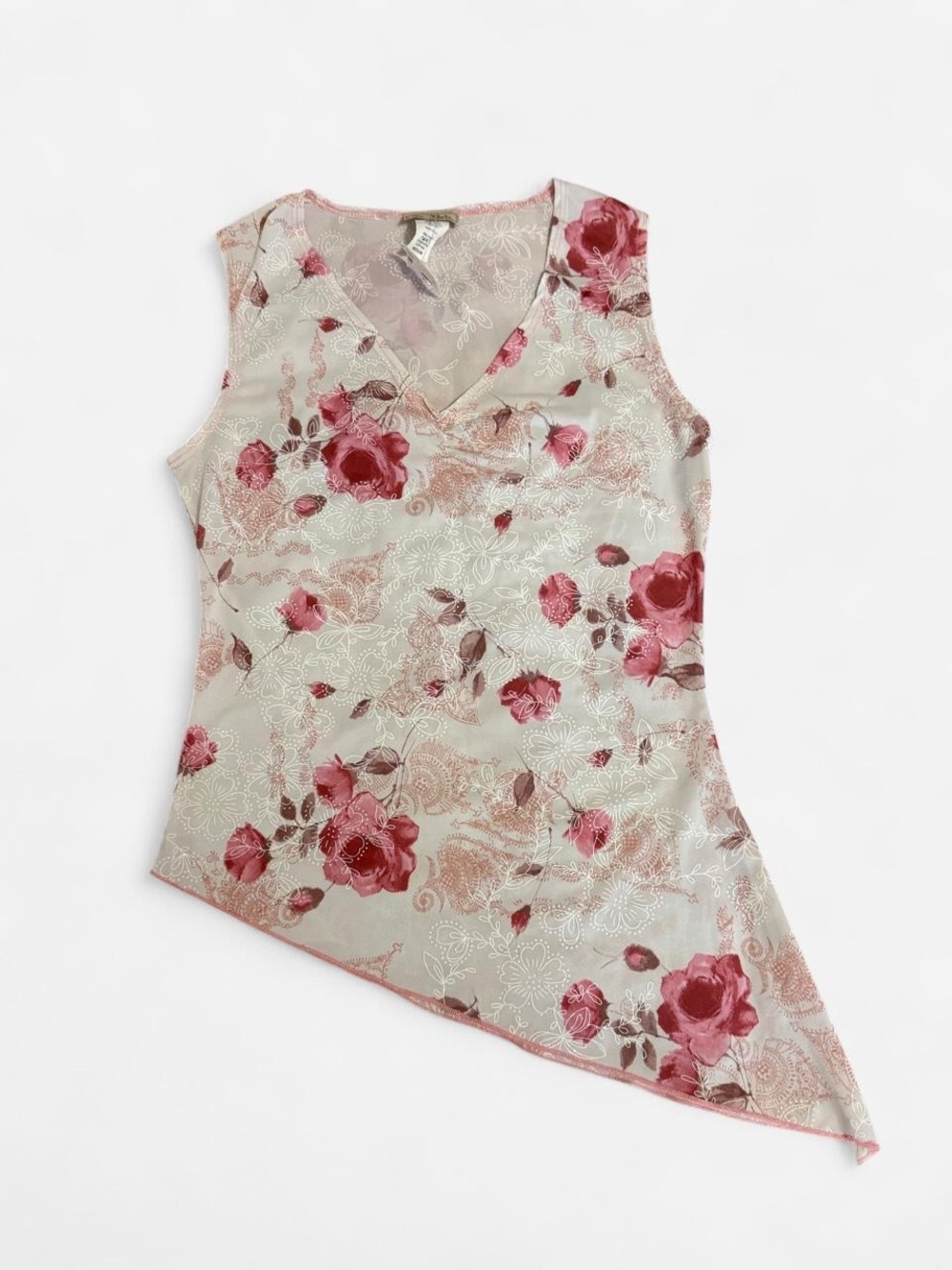 Vintage Floral V-Neck Asymmetric Tank Top - Pink Rose